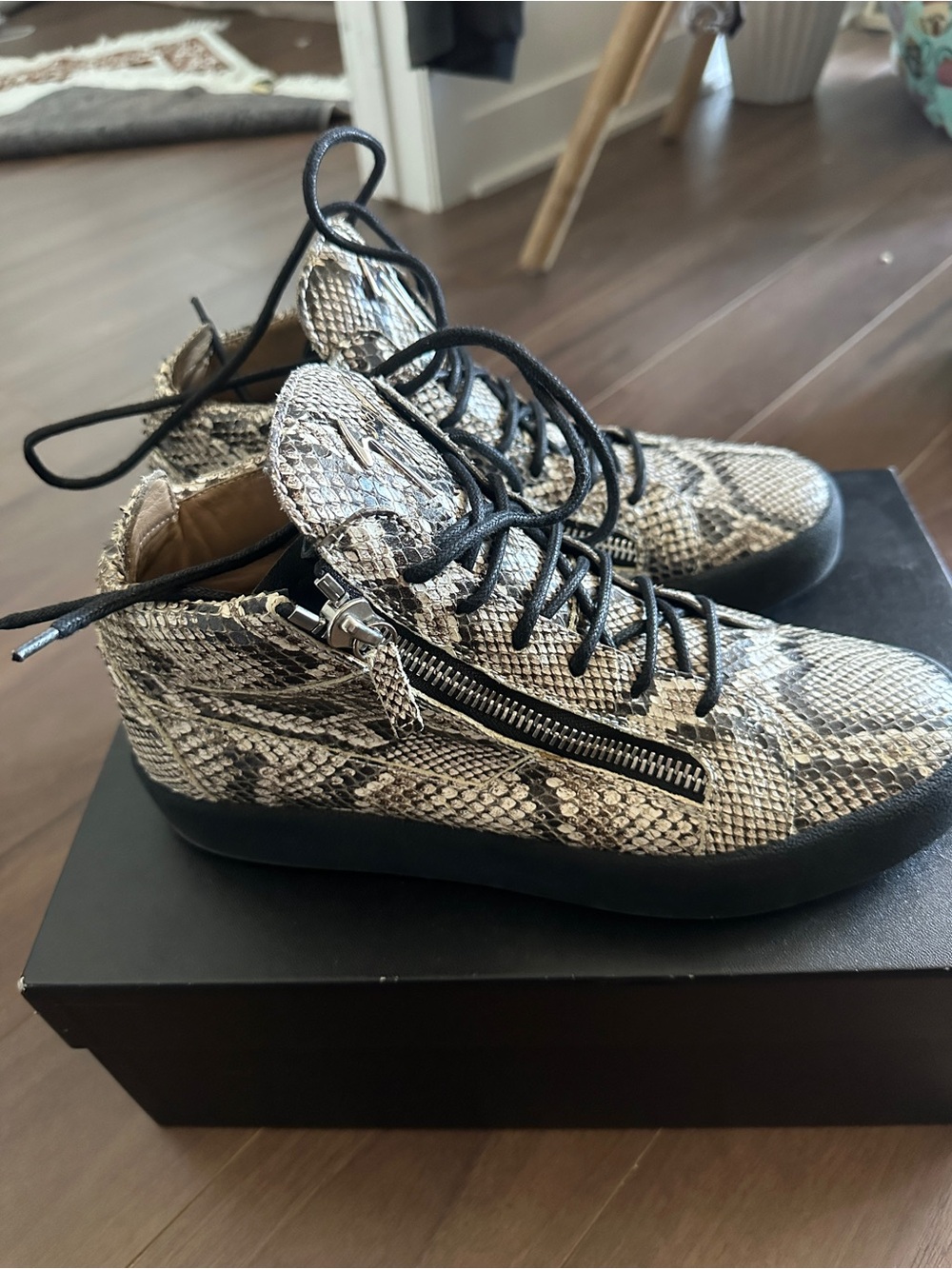 Giuseppe Zanotti Snake-Print High-Top Sneakers in Black and Cream